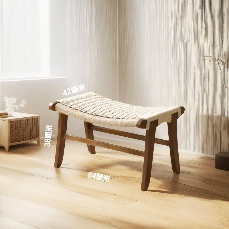Handcrafted Solid Wood Woven Low Stool Rope-Woven Rattan Footrest Bench for Home Dining Entryway Bed-End