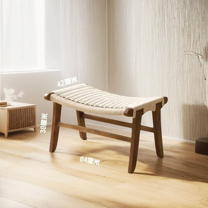 Handcrafted Solid Wood Woven Low Stool Rope-Woven Rattan Footrest Bench for Home Dining Entryway Bed-End