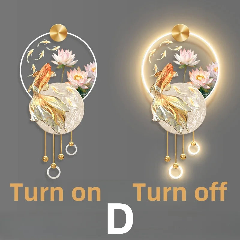 Koi Carp Living Room  Study Room  Bedroom Decoration  Painting Lamp  Lotus Corridor  Hanging Painting Of Nine Fish Wall Lamp LED