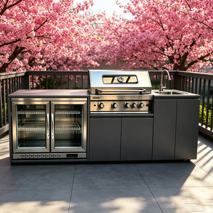 Sturdy 304 Stainless Steel Outdoor Kitchen Cabinet With Grill Cooktop Sink Fridge Rolling Movable On Wheels For Backyard Patio G