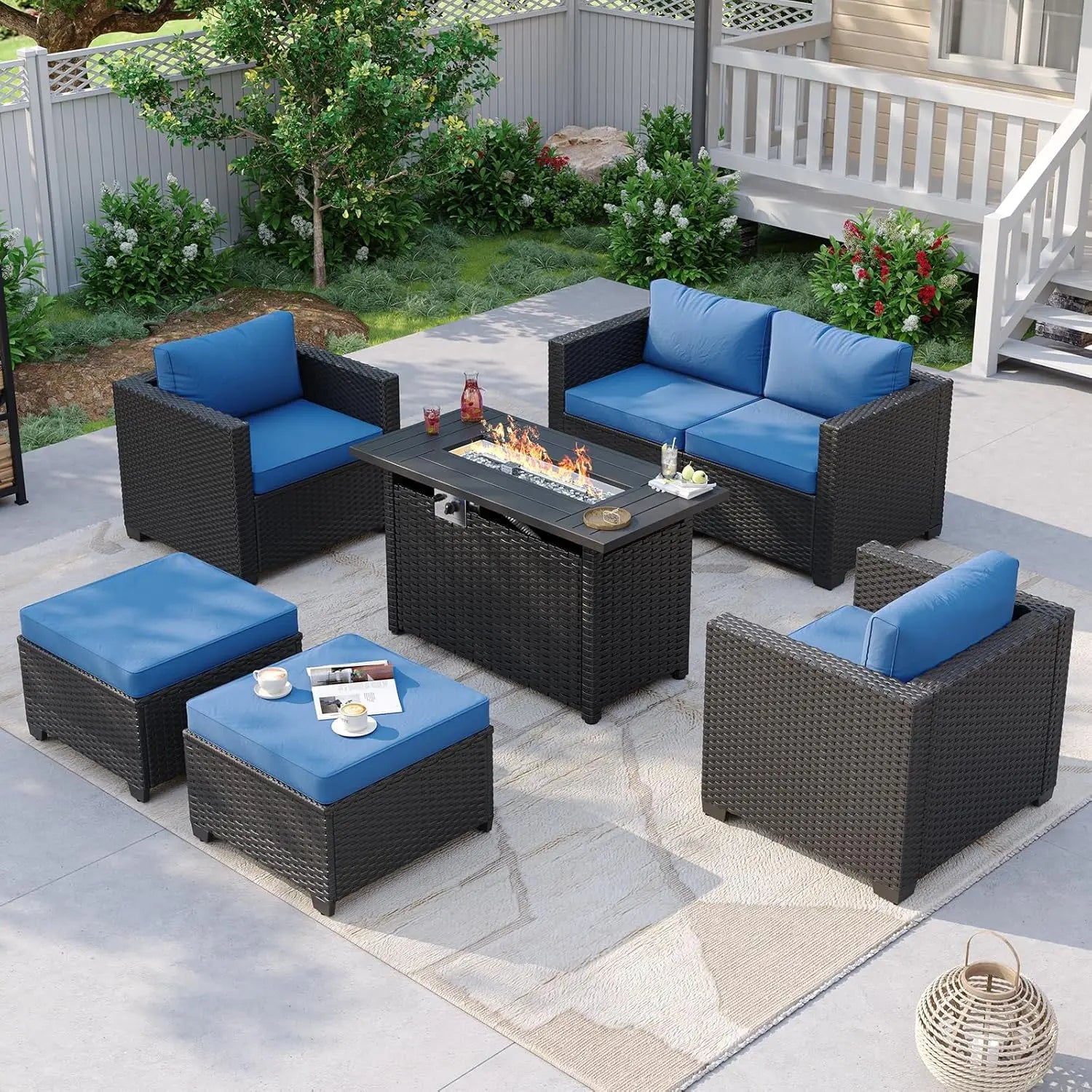 #7pc Patio Set Fire Pit Table Wicker Ottomans Rattan Sectional Cushions Cover Navy, Customized