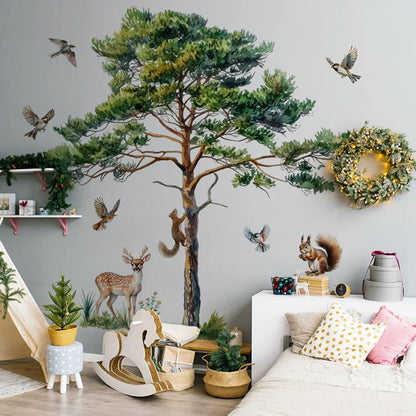 Large Pine Tree Wall Stickers Squirrel Deer Birds Forest Animal Decals Removable Vinyl Mural for Nursery Living Room Home Decor