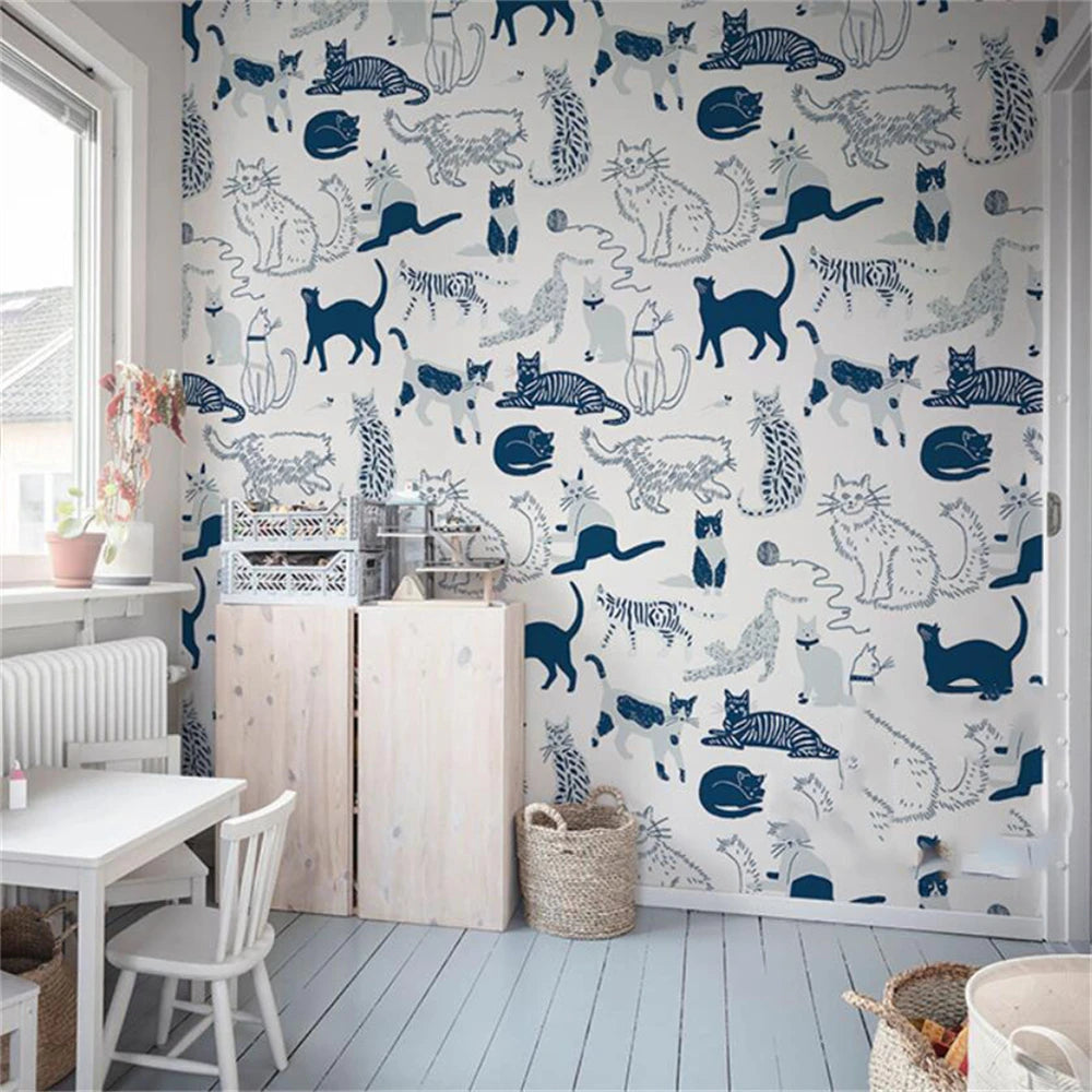 Custom Theme Nordic Cat Wallpaper Mural for Children's Bedroom Background Blue Cat Wall paper Art Boys Girls animal Home Decor