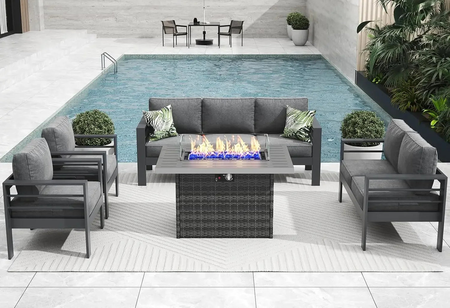 5 Pieces Modern Aluminum Patio Furniture Set with Fire Pit Table, Outdoor Conversation Sets Metal Sectional Sofa