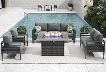 5 Pieces Modern Aluminum Patio Furniture Set with Fire Pit Table, Outdoor Conversation Sets Metal Sectional Sofa