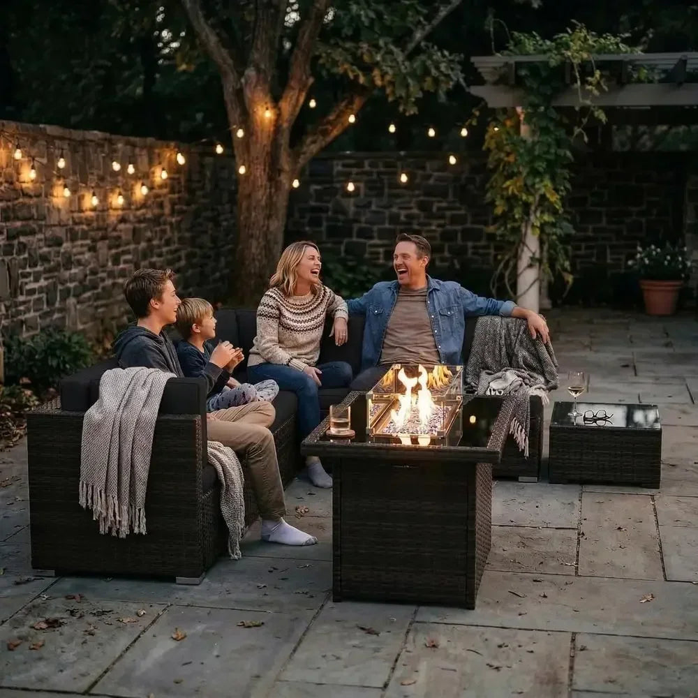 6-Piece Outdoor Wicker Sectional Sofa Set with 44 Propane Gas Fire Pit Table