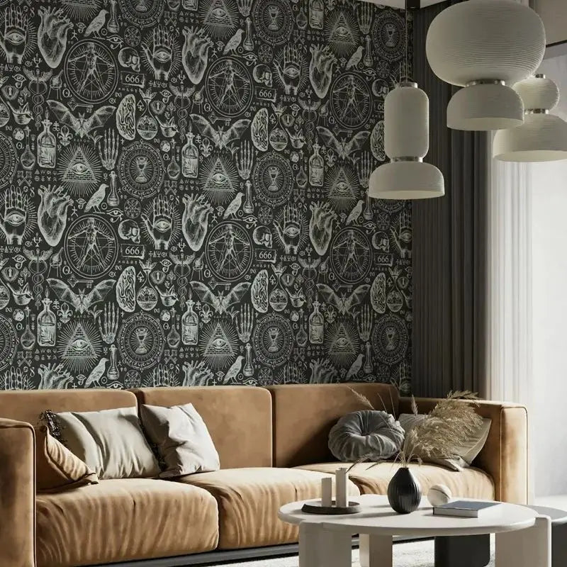 Witchcraft Wallpaper,Dark Black Background Peel and Stick Wallpaper Roll,Mystical Allure,Traditional Non-Woven Paper Wall Art