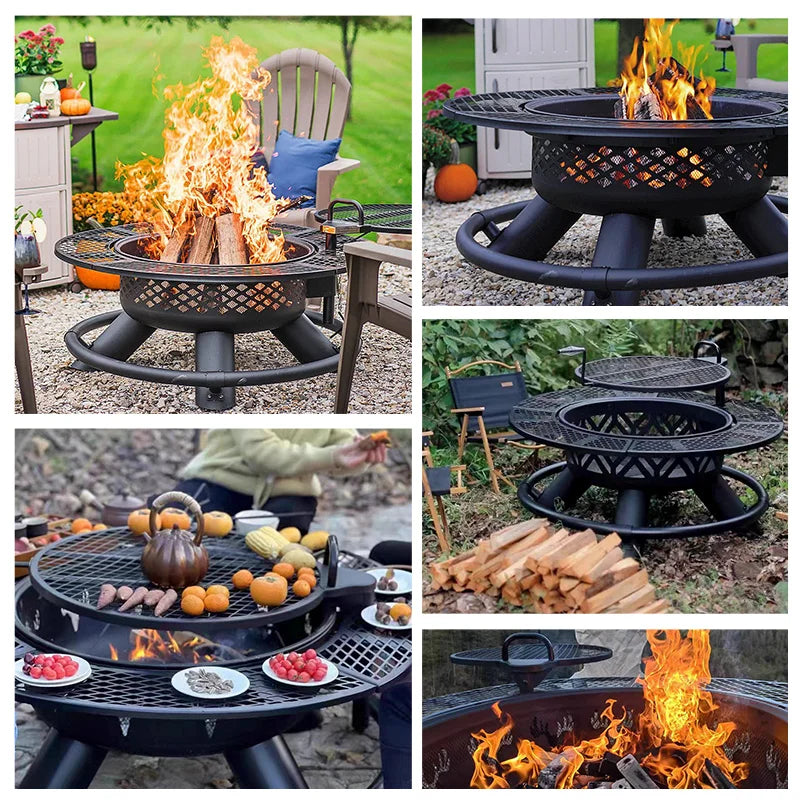 3-in-1 Outdoor Fire Pit BBQ Grill Round Charcoal Table Fireplace with Cooking Grate Heavy Duty Metal for Patio Backyard Party