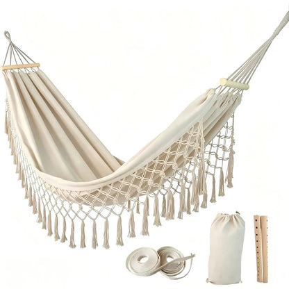 Outdoor Fringed Canvas Hammock - Portable Anti-slip Fringed Hammock for Camping - Bohemian Style Outdoor Camping Hammock