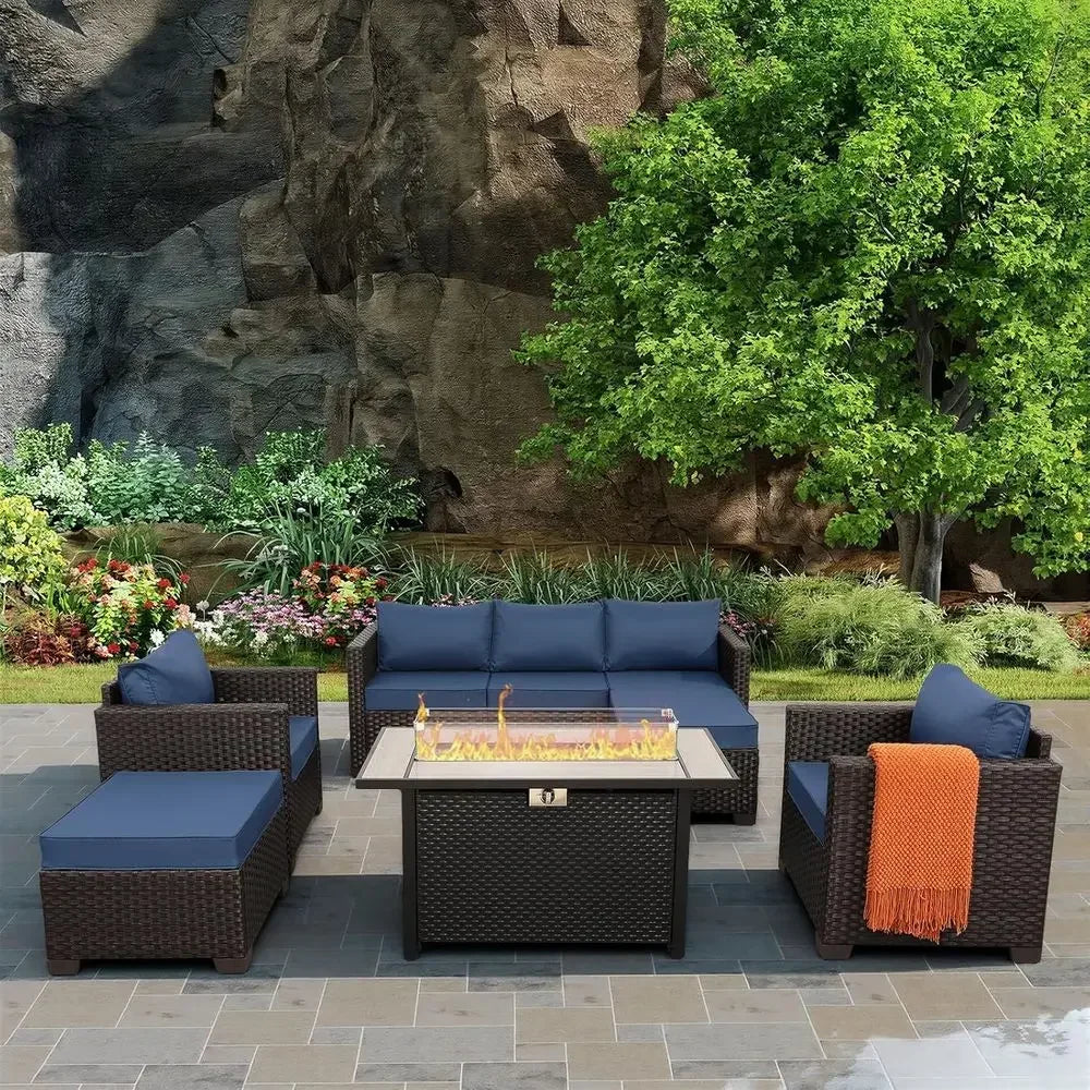 6-Piece Outdoor Patio Furniture Set with 45 Propane Fire Pit, Navy Blue Wicker Sofa, Non-Slip Cushions, Waterproof Covers