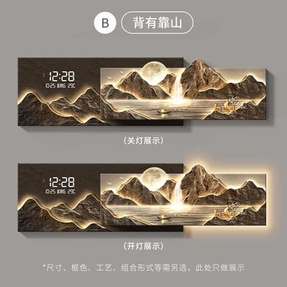Living Room Decoration Lights Painting Light Luxury Sofa Background Wall Clock Lights Painting High-end Clock Hanging Painting