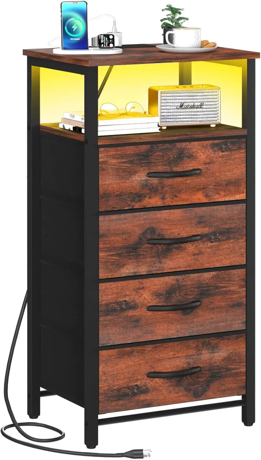 LED Rustic Nightstand with Charging Station 4 Storage Drawers and Storage Shelf End Table with USB Ports and Outlets Furniture