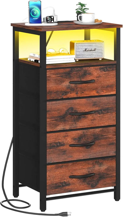 LED Rustic Nightstand with Charging Station 4 Storage Drawers and Storage Shelf End Table with USB Ports and Outlets Furniture
