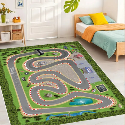 Race Track Play Rug Kids Playroom Kilim Base Racetrack Room Rug Non-Slip Car Play Mat Living Room Bedroom Home Decor Carpet