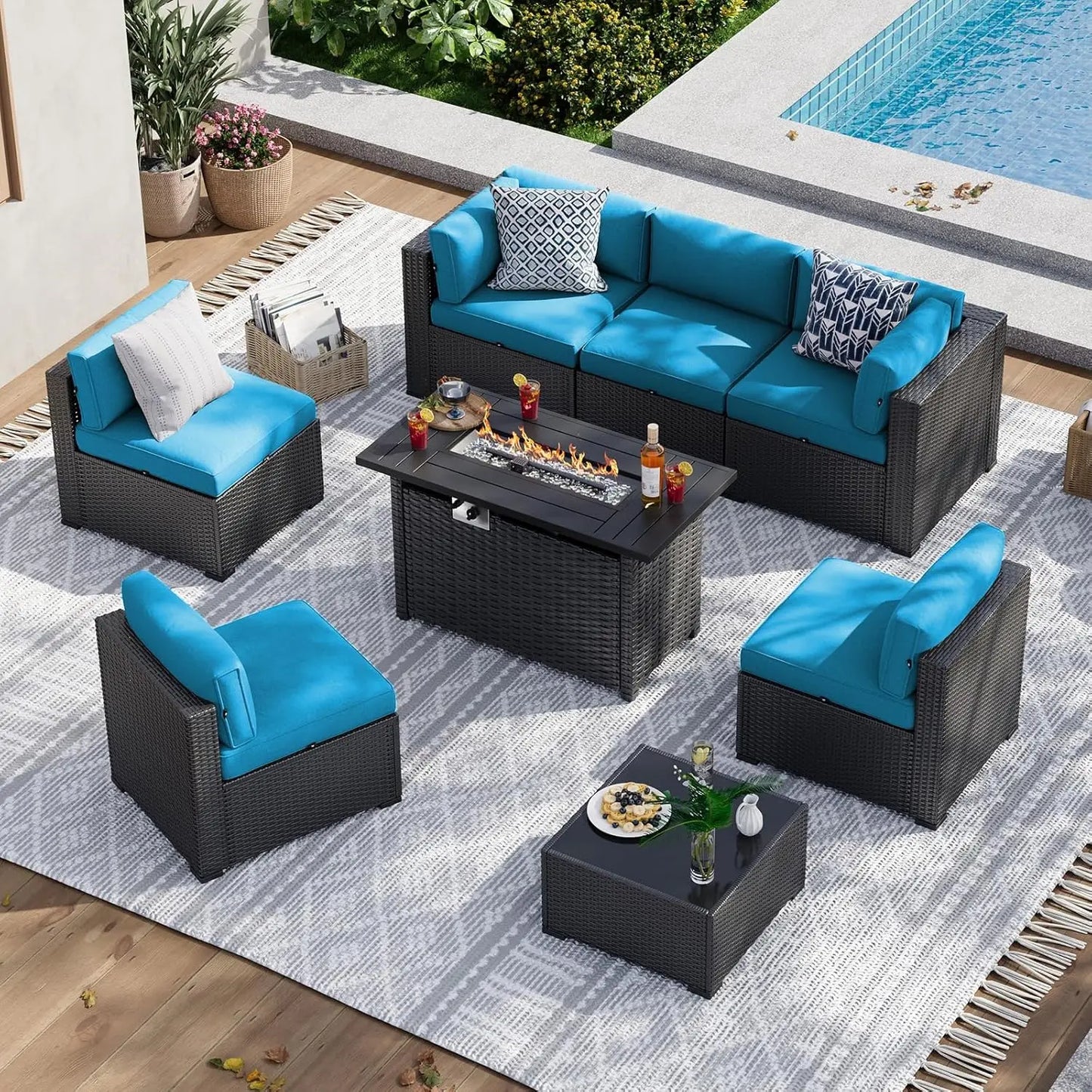8-Piece Wicker Patio Sectional Sofa Set with 44" Fire Pit Table & Thickened Cushion for Outdoor, Custom
