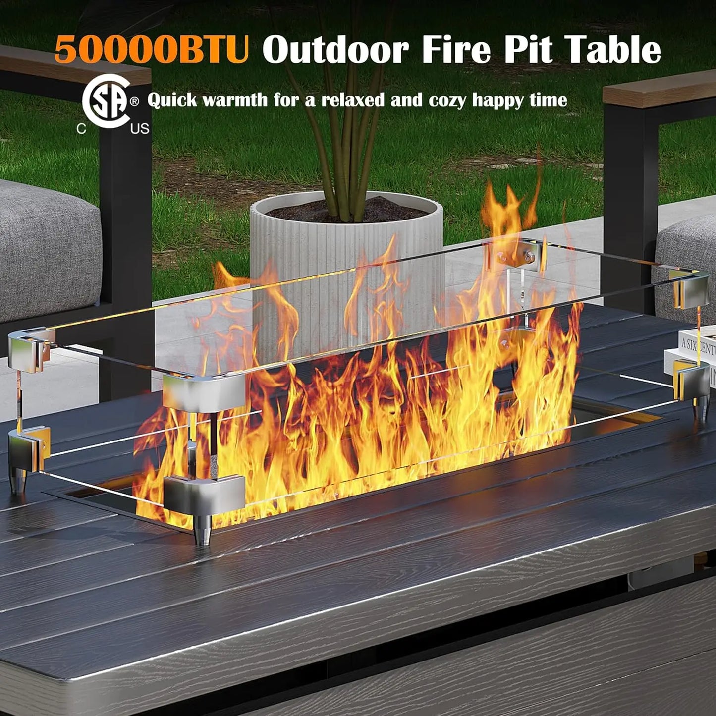 51in Rectangle Propane Fire Pit Table 50000BTU Sliding Tank Holder Glass Wind Guard Removable Lid CSA Certified Gray Customized