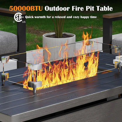 51in Rectangle Propane Fire Pit Table 50000BTU Sliding Tank Holder Glass Wind Guard Removable Lid CSA Certified Gray Customized