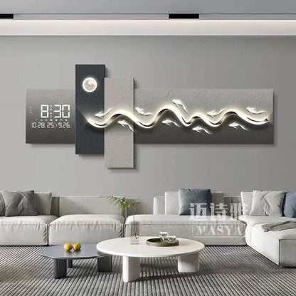 Modern Living Room Decoration Painting With Mountain Backed Led Clock Wall Lamp Painting Sofa Background Wall Hanging Painting