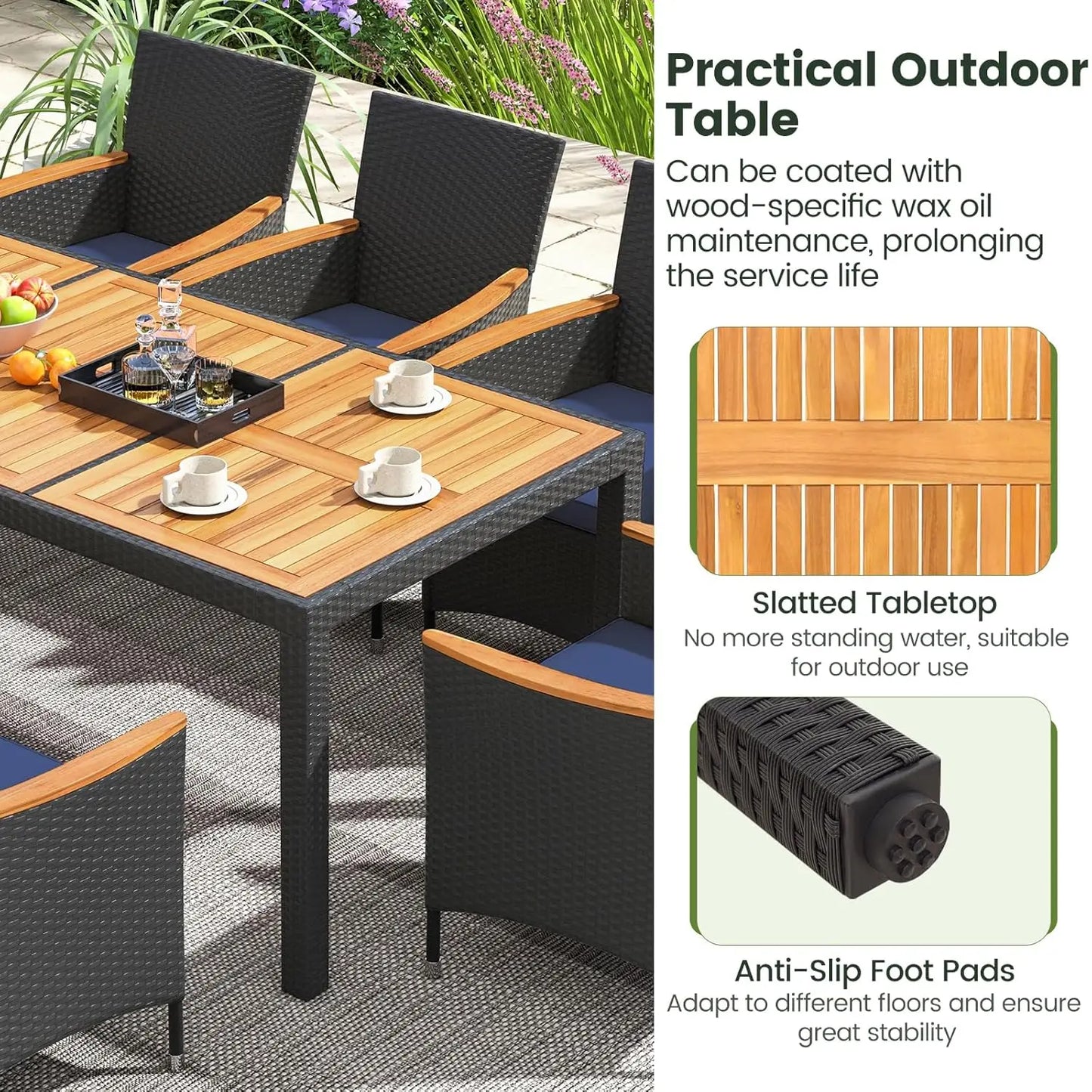 9pc Patio Dining Set Rattan Table & Chairs w/ Umbrella Hole Acacia Wood Top Backyard Balcony Poolside Navy, Custom