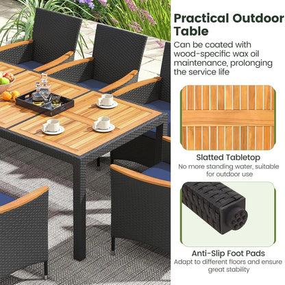 9pc Patio Dining Set Rattan Table & Chairs w/ Umbrella Hole Acacia Wood Top Backyard Balcony Poolside Navy, Custom