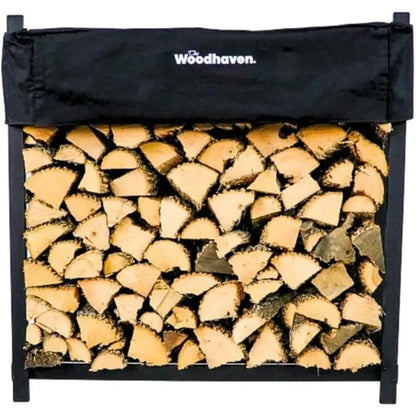 Indoor Outdoor 1/4 Cord Firewood Storage Log Rack ， Black 4 Foot - Heavy Duty Made In USA -With Seasoning Cover