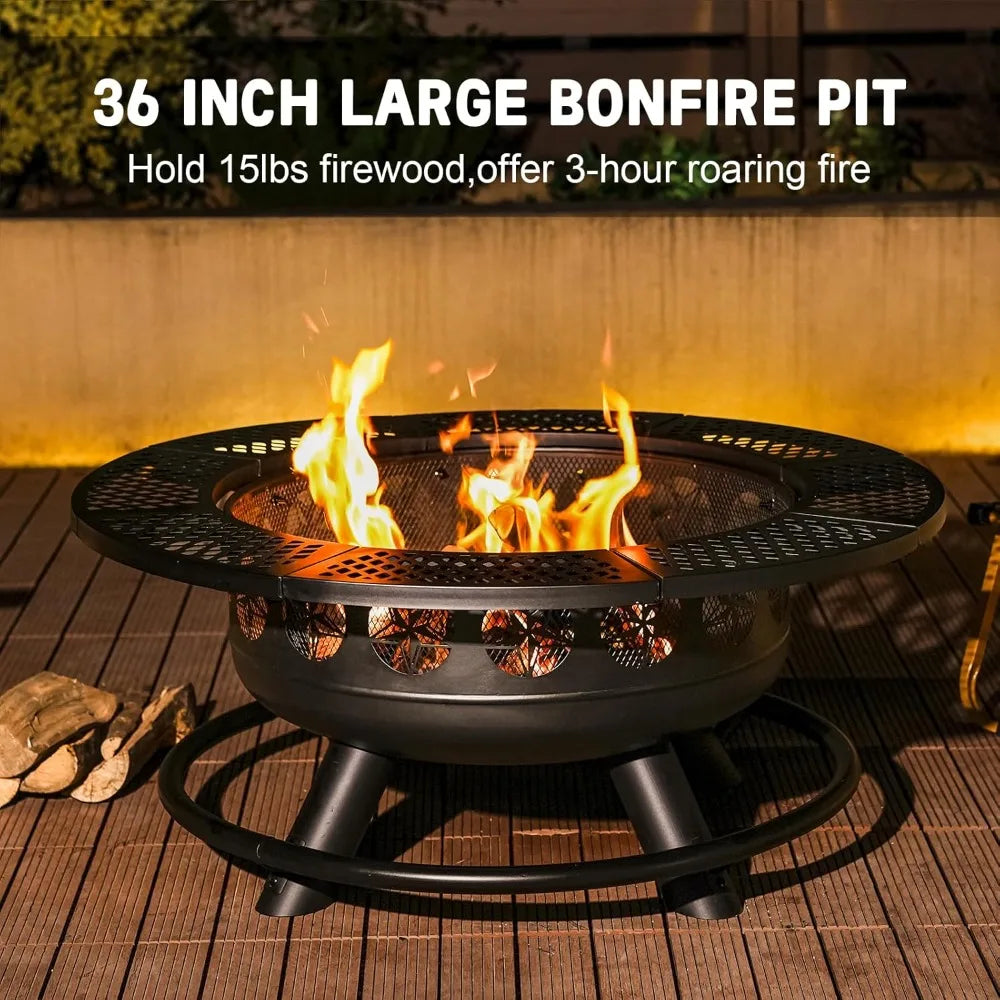36 Inch Fire Pit with 2 Cooking Grills, Outdoor Wood Burning BBQ Firepit with Lid, 3-in-1 Outdoor Fire Pit for Backyard Deck