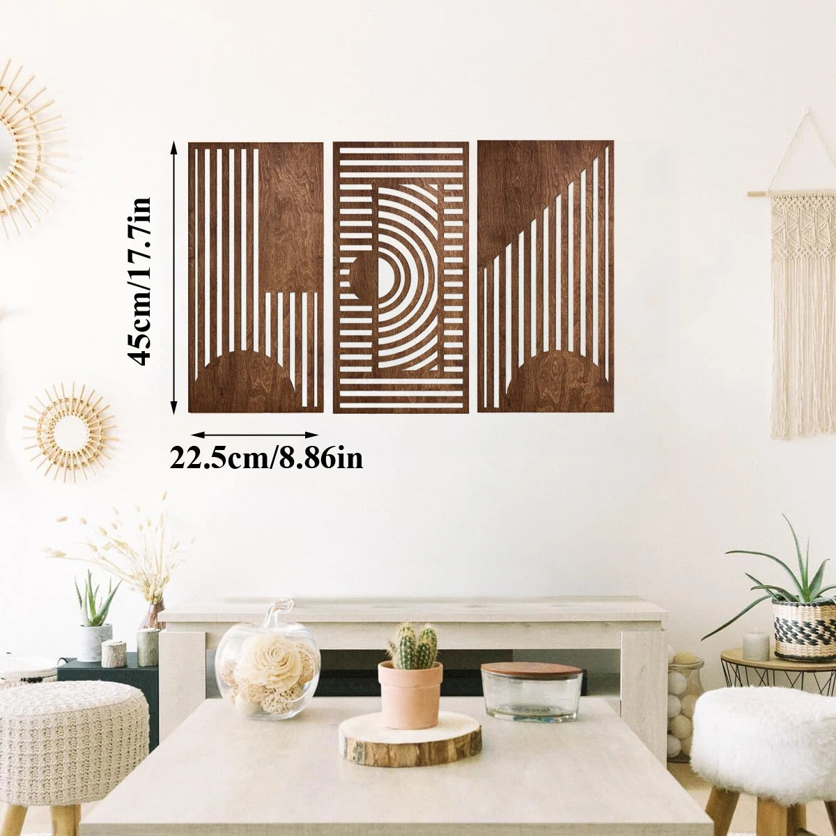 3 Pcs Geometric Wood Wall Art Decor, Wooden Minimalist Wall Hanging Decor, 3D Hollow Carved Craft Art Set, Boho Abstract