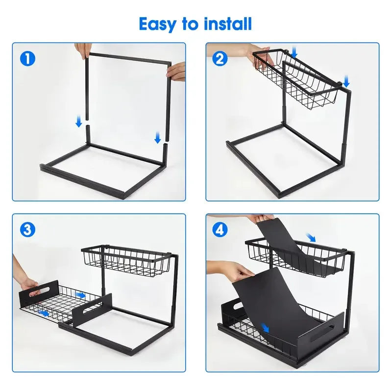 Double-layer Sliding Rail Basket Under-Sink Storage Rack Bathroom Kitchen Storage