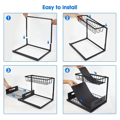 Double-layer Sliding Rail Basket Under-Sink Storage Rack Bathroom Kitchen Storage