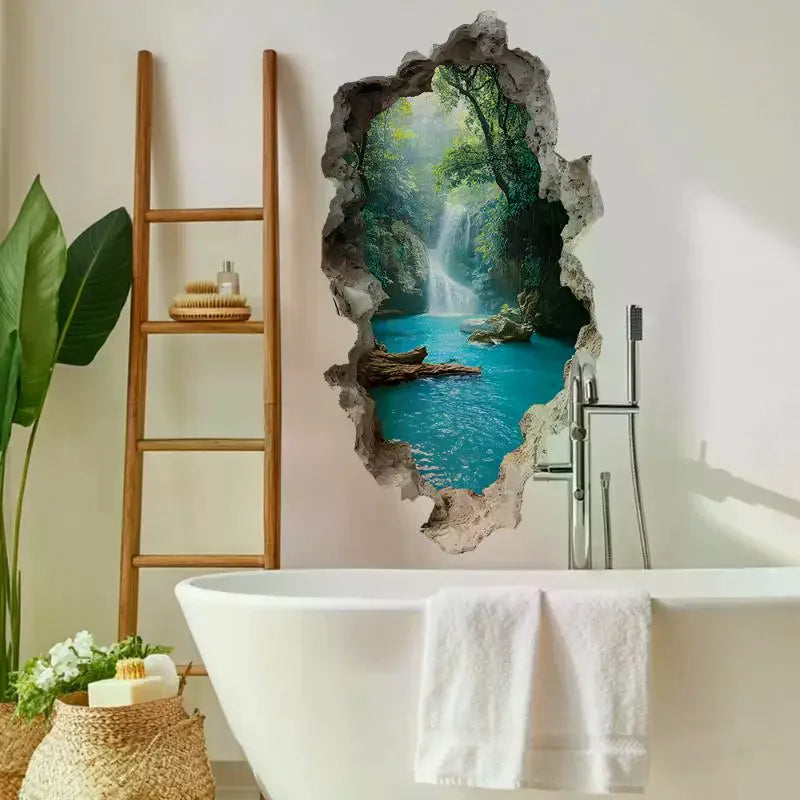 Landscape Wall Stickers For Bedrooms Room Bathroom Home Decoration Stickers Creative Hole Valley Waterfall Scenic Wall Stickers