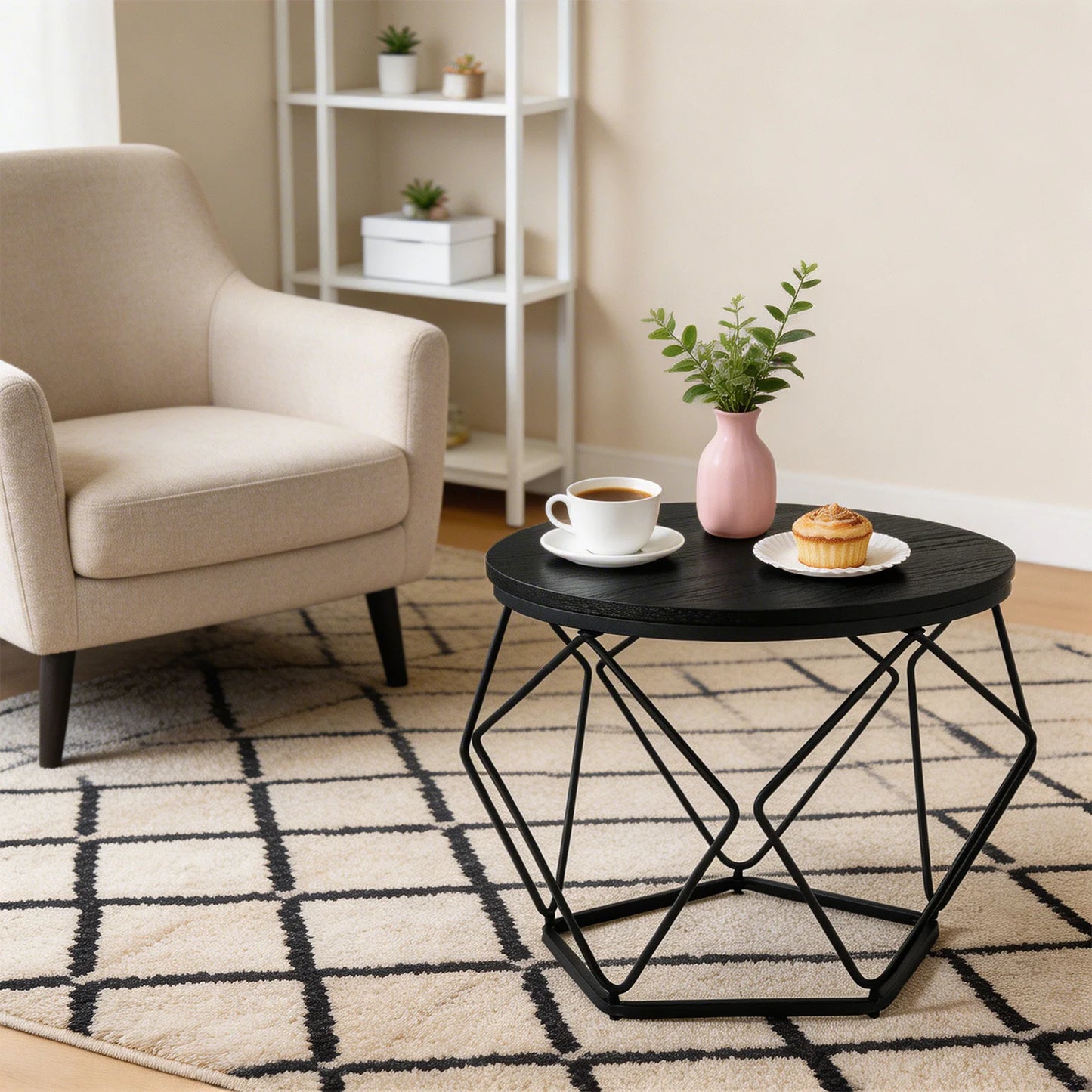 JHK 20IN Round Geometric Coffee Table Set of 2 Movable End Tables for Living Room Nesting Side Tables with Hidden Storage