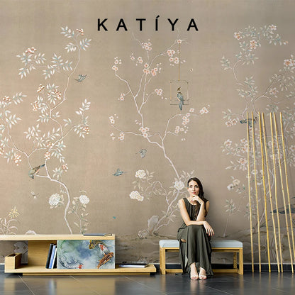 Customized products flower and bird wallpaper new Chinese pastoral flower living room bedroom sofa background wall hotel mural