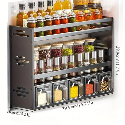 New Kitchen Spice Shelf Wall-mounted Spice Storage Rack Kitchen Seasoning Organizer Holder No Punching Required Storage Shelf