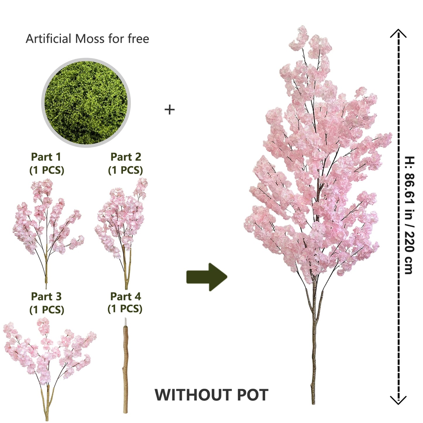 Artificial Pink Cherry Blossom Tree Trunk Faux Silk Leaves Plant for Home Office Indoor Outdoor Decor