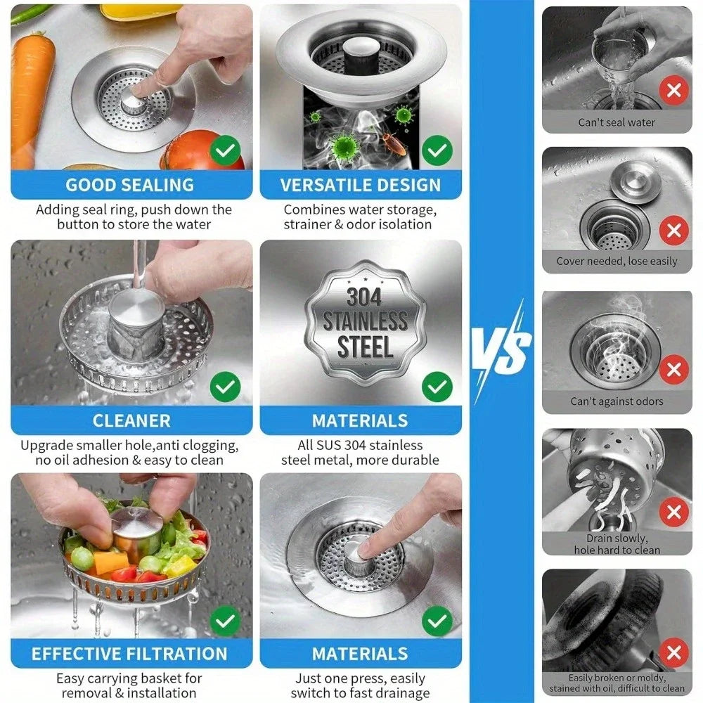 3-in-1 Stainless Steel Kitchen Sink Strainer - Pop-Up Stopper with Anti-Clogging Basket and Odor Filter, Easy Clean Drain Strain