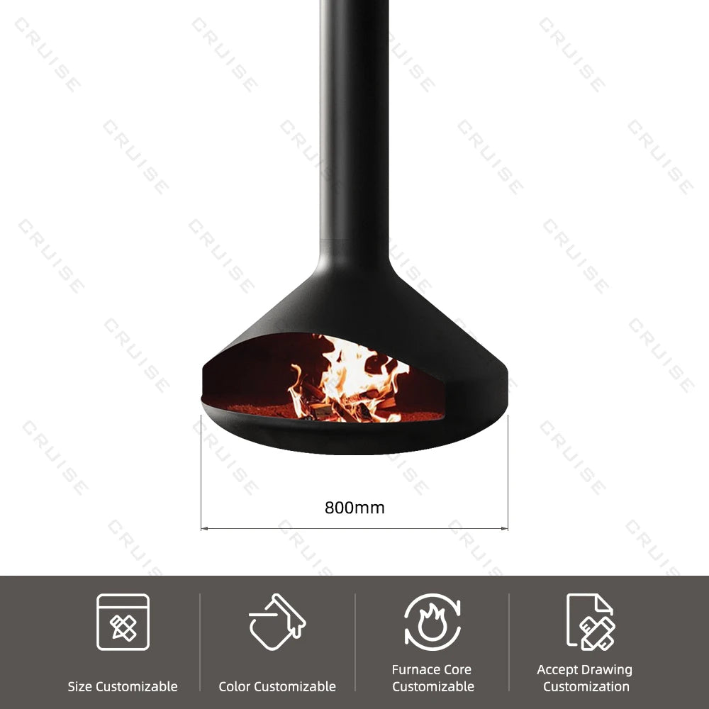 Ceiling Mounted Low-Energy Refractory Furnace Suspended Wood Stove Gas 800mm Hanging Fireplace Indoor Living Room