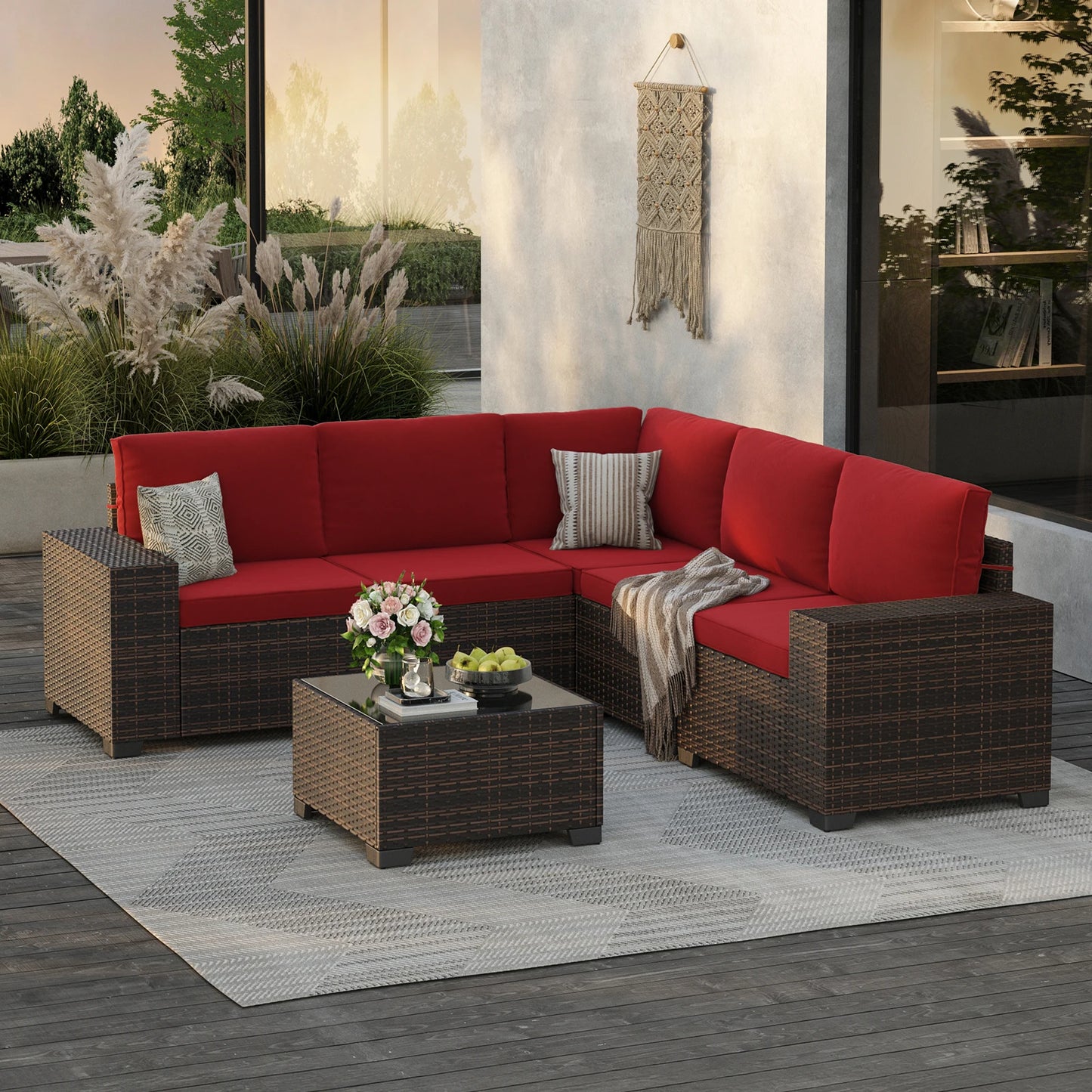 6 Pieces Patio Furniture Set with 44" Fire Pit Table, Outdoor Sectional Rattan Conversation Set for Garden, Porch, Backyard