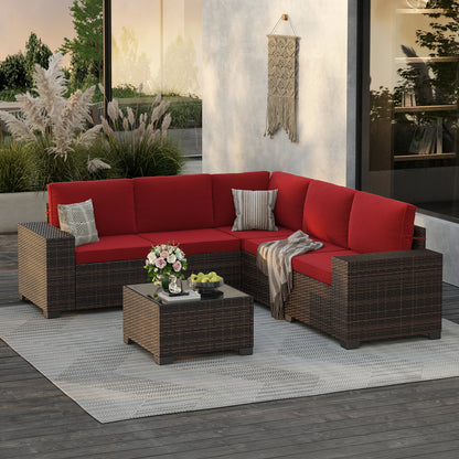 6 Pieces Patio Furniture Set with 44" Fire Pit Table, Outdoor Sectional Rattan Conversation Set for Garden, Porch, Backyard