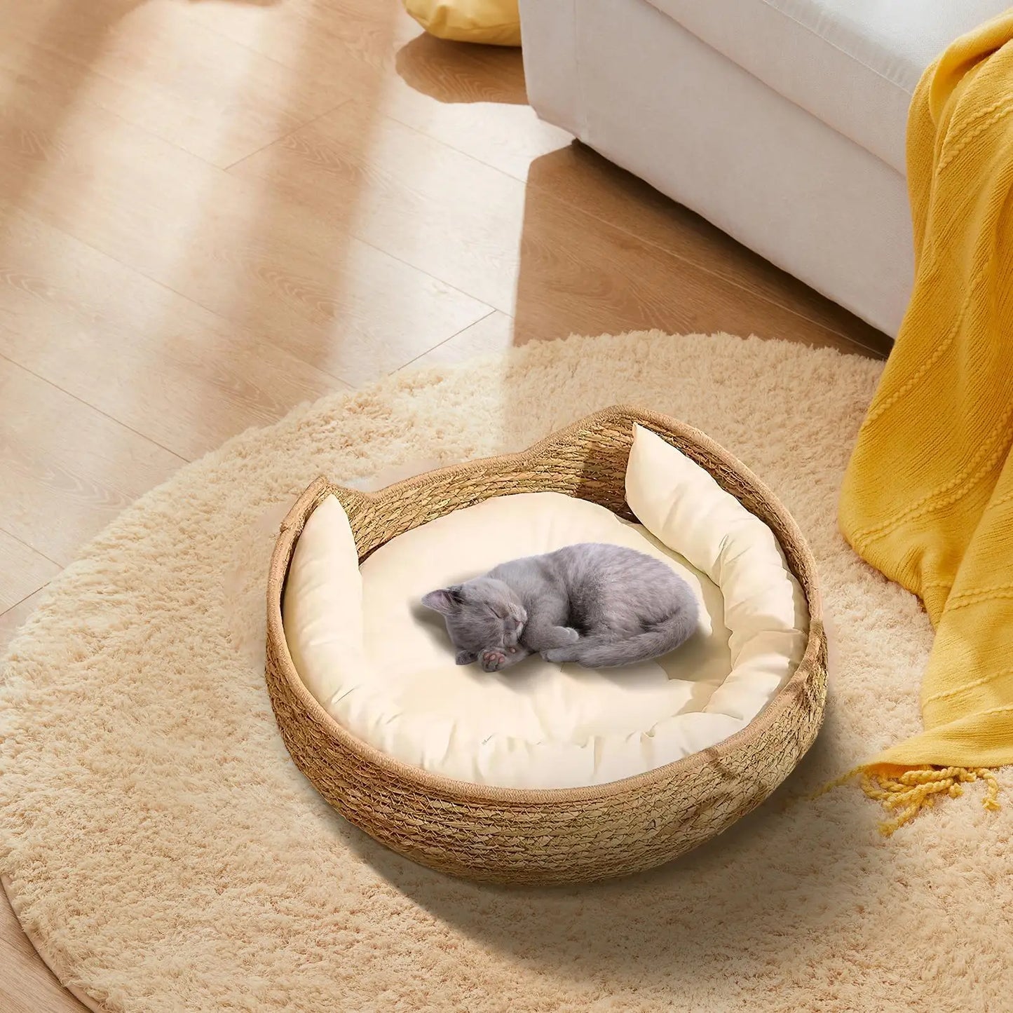 Cat Basket Bed Cotton Rope Round Bed for Cat Sleep with Pillow All Season Indoor Weaving Pet Resting Scratching Sleeping