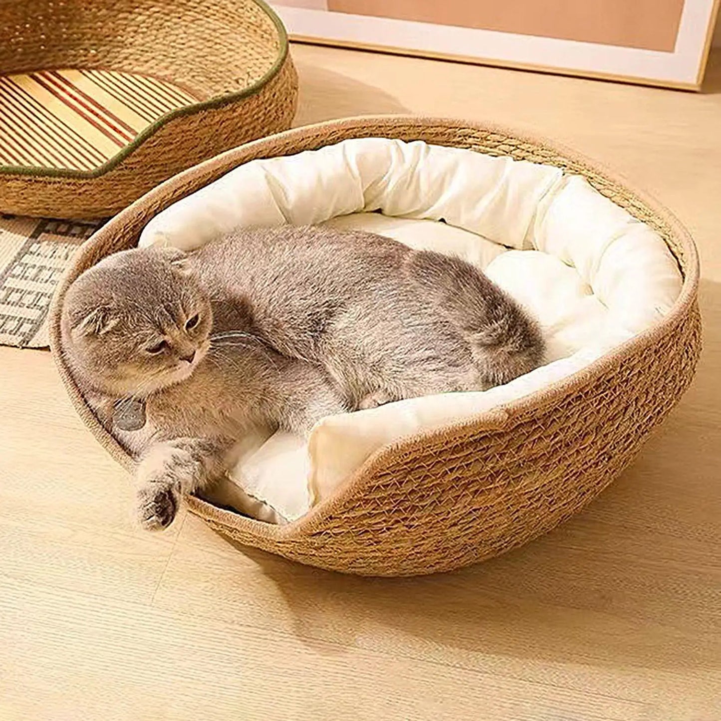 Cat Basket Bed Cotton Rope Round Bed for Cat Sleep with Pillow All Season Indoor Weaving Pet Resting Scratching Sleeping