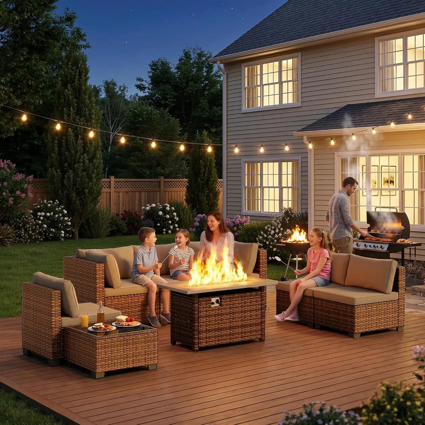 8 Piece Outdoor Patio Furniture Set with 44”Fire Pit Table, Outdoor Wicker Sectional Sofa Conversation Set with, Customized