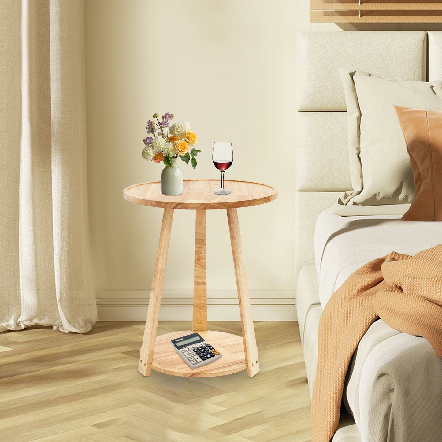 Small Round Side Table, Side Table for Small Spaces, Modern Couch End Table, 2-Tier Rubberwood Nightstand for Living Room Bedroom, 50x50x60cm, Natural Wood Color
