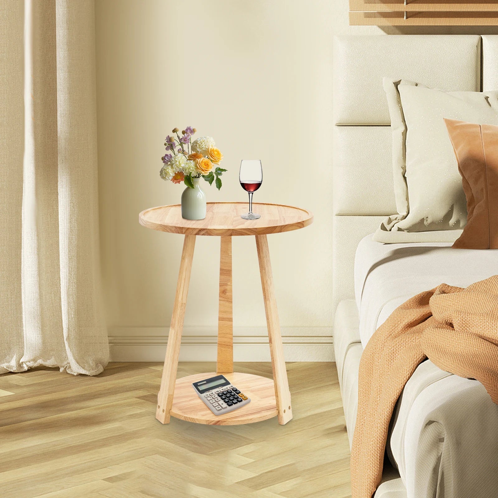 Small Round Side Table, Side Table for Small Spaces, Modern Couch End Table, 2-Tier Rubberwood Nightstand for Living Room Bedroom, 50x50x60cm, Natural Wood Color