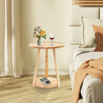 Small Round Side Table, Side Table for Small Spaces, Modern Couch End Table, 2-Tier Rubberwood Nightstand for Living Room Bedroom, 50x50x60cm, Natural Wood Color