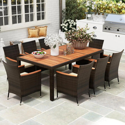 9pc Patio Dining Set Rattan Table & Chairs w/ Umbrella Hole Acacia Wood Top Backyard Balcony Poolside Navy, Custom