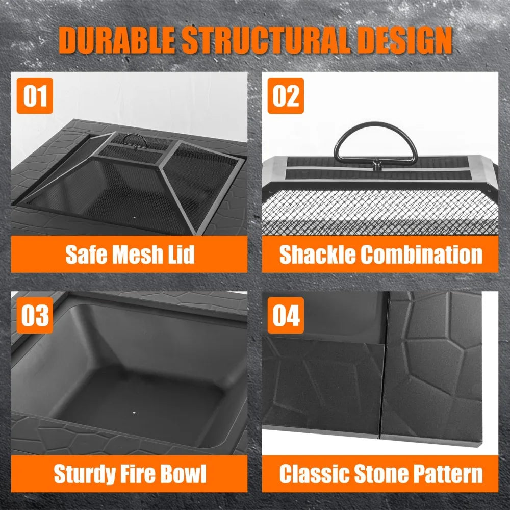 32 Inch Fire Pit, Square Outdoor Fire Pit Table with Spark Screen & Fire Poker, 3-in-1 Multipurpose Firepits for Outside