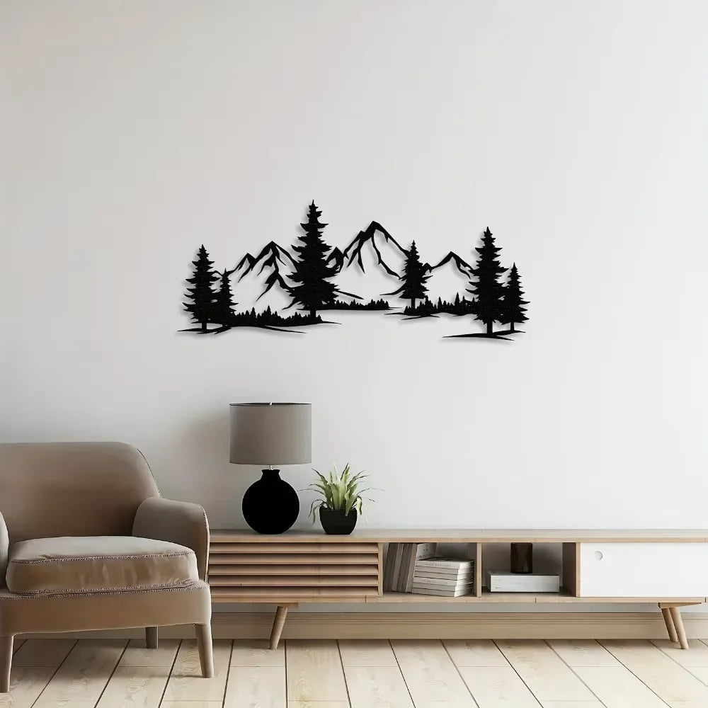 Charming Handmade Rustic Metallic Forest & Mountain Wall Art with Evergreen Tree Design for Kids Room Farmhouse Christmas Gift
