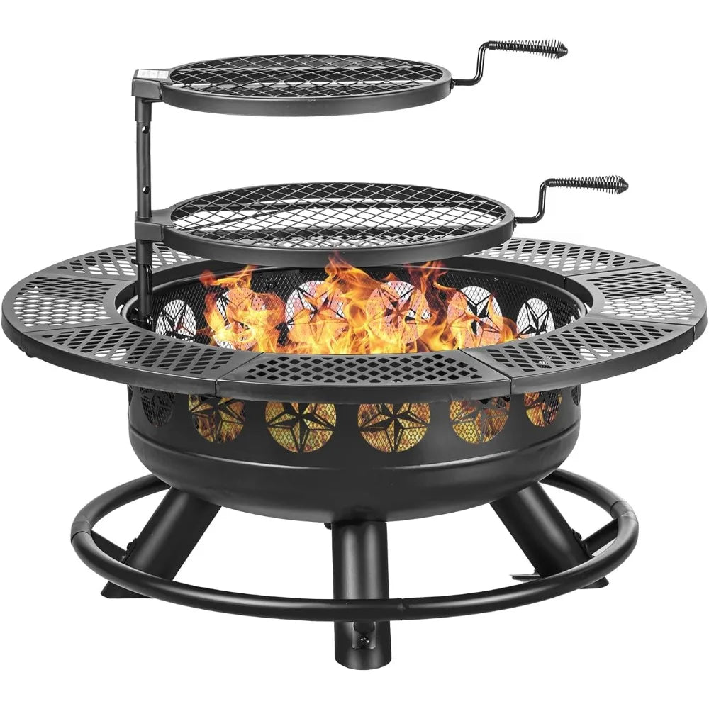 36 Inch Fire Pit with 2 Cooking Grills, Outdoor Wood Burning BBQ Firepit with Lid, 3-in-1 Outdoor Fire Pit for Backyard Deck