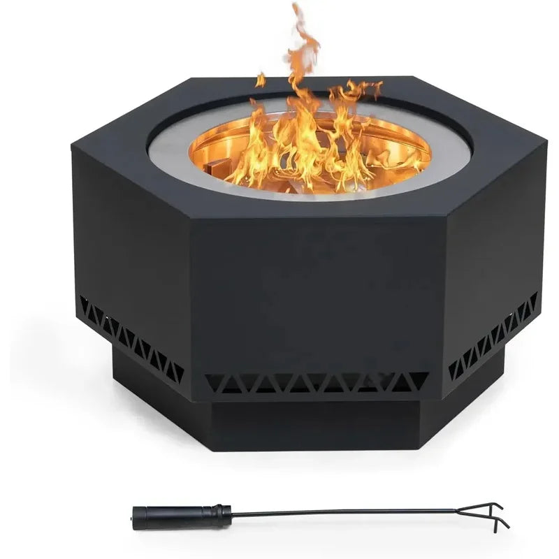 in. Hexagonal Outdoor Pit, Patio Wood Burning Smokels Firepit/PVC Cover and Fire Poker,
