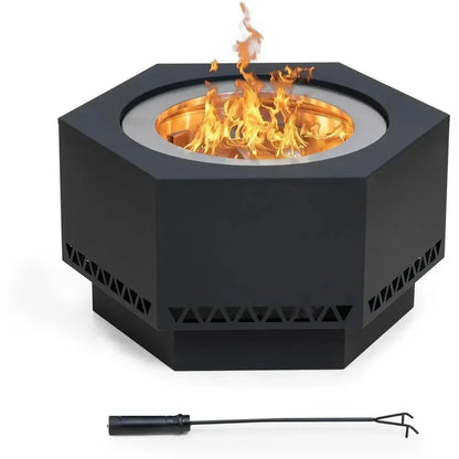 in. Hexagonal Outdoor Pit, Patio Wood Burning Smokels Firepit/PVC Cover and Fire Poker,